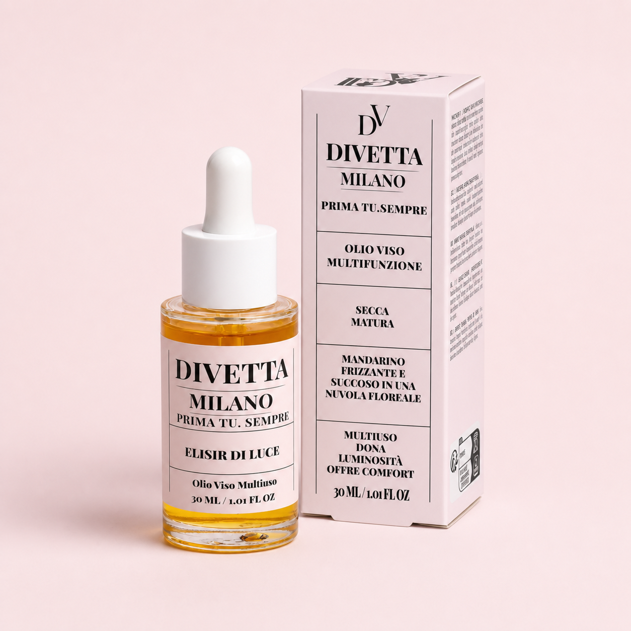 Divetta Milano Olio Viso Multifunzione 30 ml con confezione su sfondo rosa